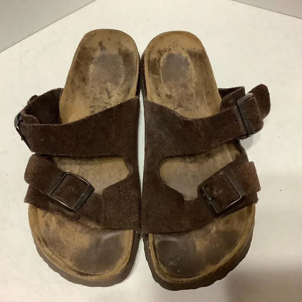 Betula Birkenstock Brown Suede Leather Arizona Sandals Size 245 Narrow Width - Picture 7 of 13